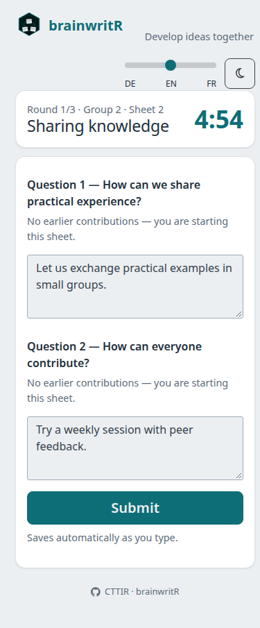 English mobile participant sheet with two questions and timer