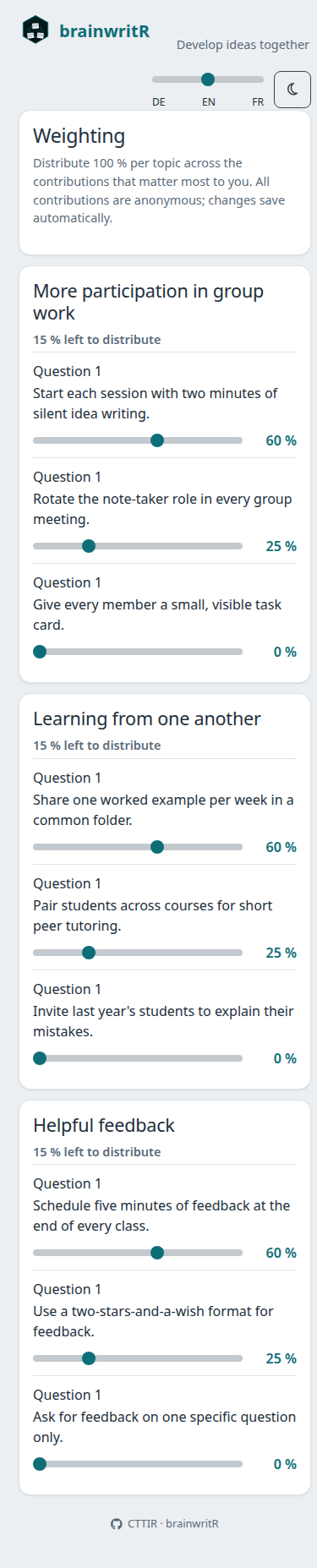 English weighting sliders distributing 100 percent per topic
