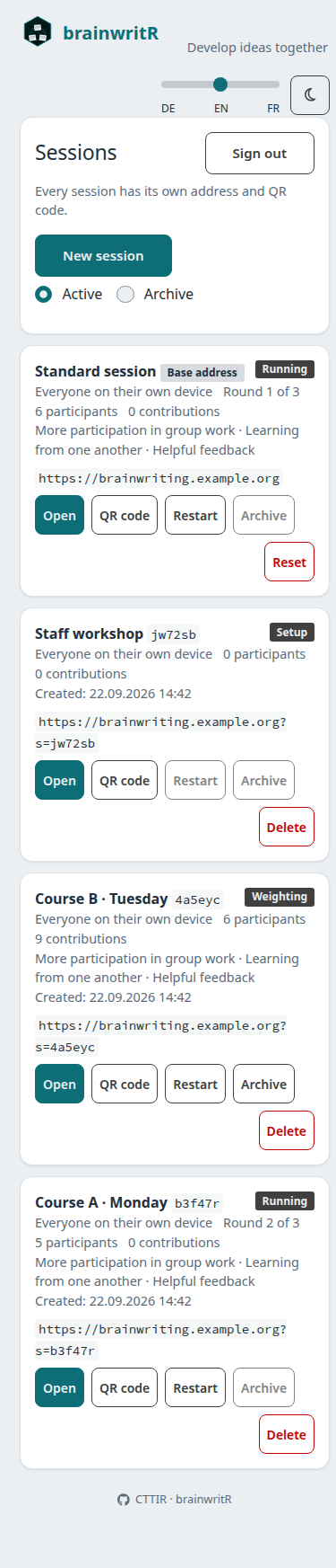 English session overview with open, QR code, restart, archive and delete actions