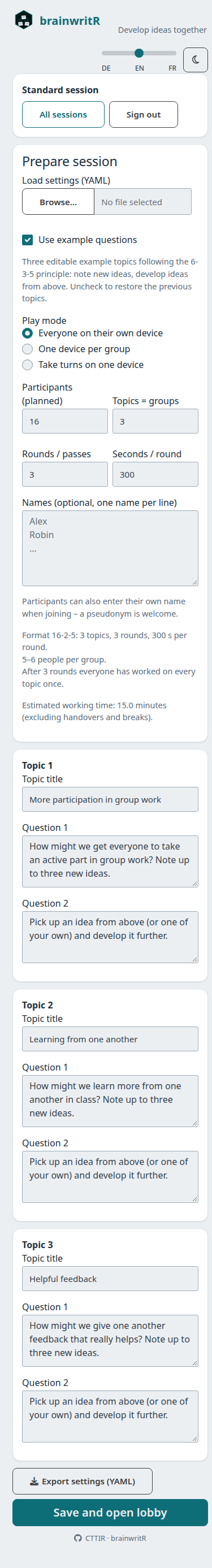 English setup with mode selection and example questions
